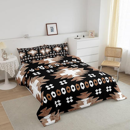 Feelyou Boho Comforter Set Toddler Size Southwest Native American Design Comforter Southwestern Geometric Bedding Set Western Decor Duvet Set Brown Balck Quilt Set