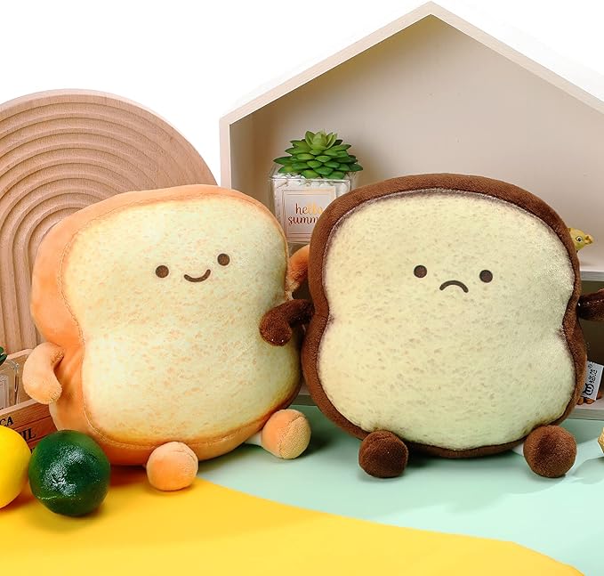 Yookeer 2 Pieces Toast Bread Pillows Bread Shape Pillows 2 Styles Funny Food Pillow Facial Expression Stuffed Toast Sofa Pillow Food Cushion Stuffed for Adults Home Room Decor