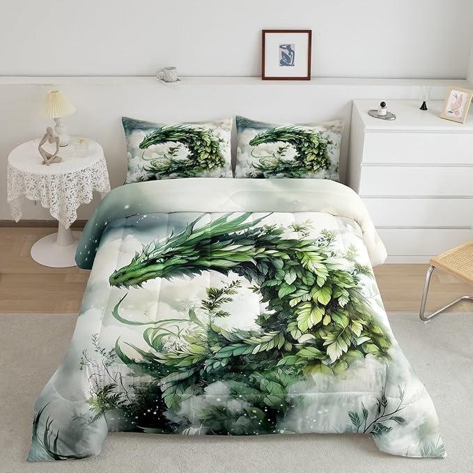 Manfei Dragon Leaves Comforter Set for Kids Adults,Mystery Dragon Wildlife Rustic Plants Bedding Comforter Sets King,Dreamy 3D Cloud Sky Quilt Comforter with 2 Pillowcases