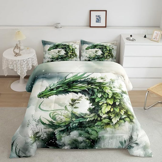 Manfei Dragon Leaves Comforter Set for Kids Adults,Mystery Dragon Wildlife Rustic Plants Bedding Comforter Sets King,Dreamy 3D Cloud Sky Quilt Comforter with 2 Pillowcases