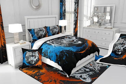 Manfei Tiger Comforter Set for Kids Adults,Jungle Wildlife 3D Animals Bedding Comforter Sets Queen,Watercolor Blue Orange Taekwondo Graffiti Quilt Comforter with 2 Pillowcases