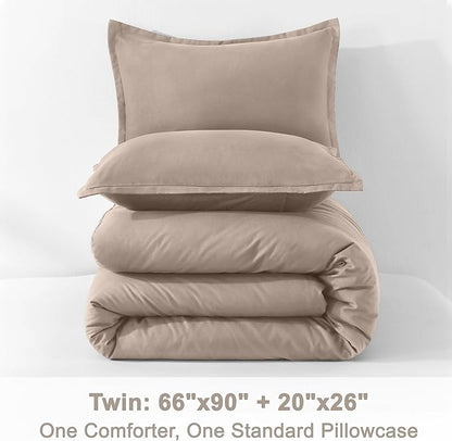 Litanika Light Coffee Twin/Twin XL Comforter Set, 2 Pieces Lightweight Solid Bedding Set, All Season Fluffy Bed Set (66x90In Comforter & 1 Pillowcase)