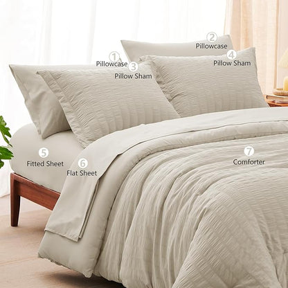 CozyLux King Size Comforter Set Oatmeal Seersucker 7 Pieces Bed in a Bag King Comforter Set with Sheets, Luxury Bedding Set with Down Alternative Comforter, Sheets, Pillowcases & Shams All Seasons