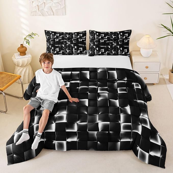 Erosebridal Geometric Checkered Comforter Queen Size Neon Black White Comforter Set for Kids Teen Men Gamer Room Decor,Abstract Ombre Plaid Bedding Set Grids Quilt Duvet