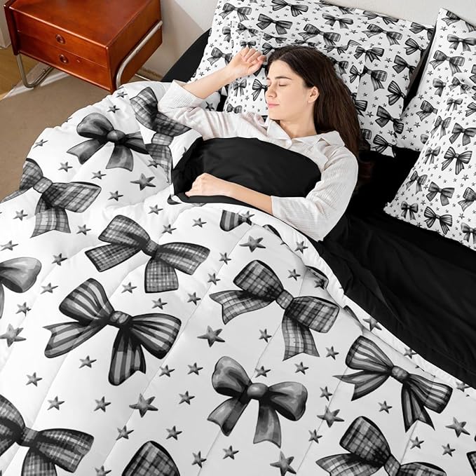 Erosebridal Kids Girls Bowknot Bow Black King 7-Piece Comforter Set | Kawaii Cute Sheets and Pillowcases Starry Princess Bed in A Bag Dreamy Bed Sets