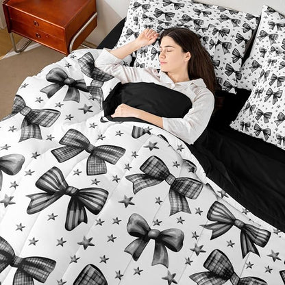 Erosebridal Kids Girls Bowknot Bow Black 7 Piece Bedding Set Twin | Kawaii Cute Comforter Set with Sheets Starry Princess Bed in A Bag Dreamy Bed Sets