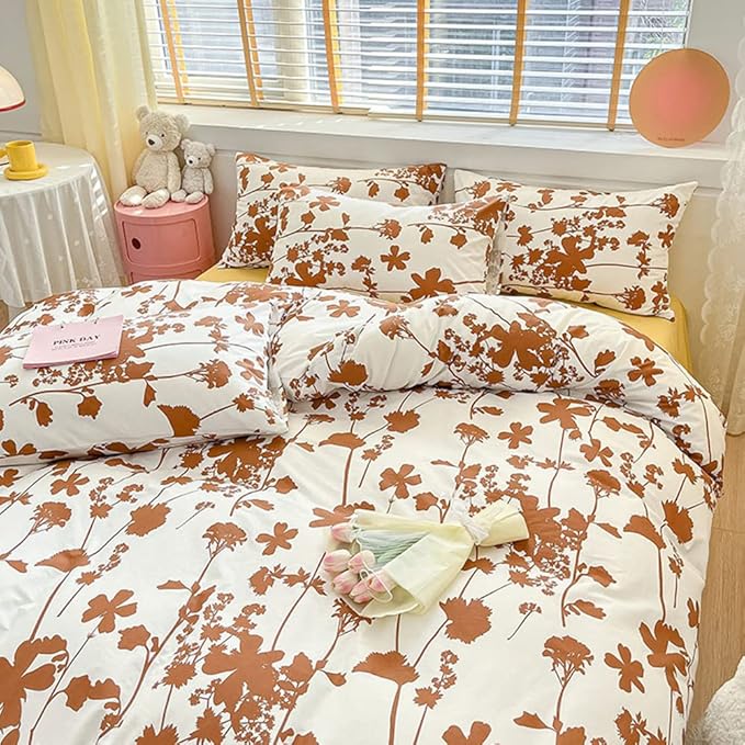 CLOTHKNOW White Pumpkin Comforter Set California King Pumpkin Floral Bedding Comforter Sets Brown Botanical Bedding Sets Girls Women Comforter Leaves Bedding 3Pcs White Brown Comforter Sets Cal King