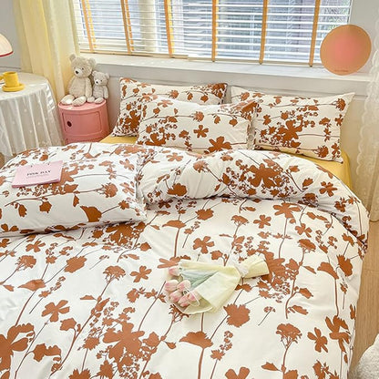 CLOTHKNOW Brown Leaves Full Size Comforter Sets Botanical Bedding Comforter Sets White Brown Comforter Leaves Comforter with 2 Pillowcases