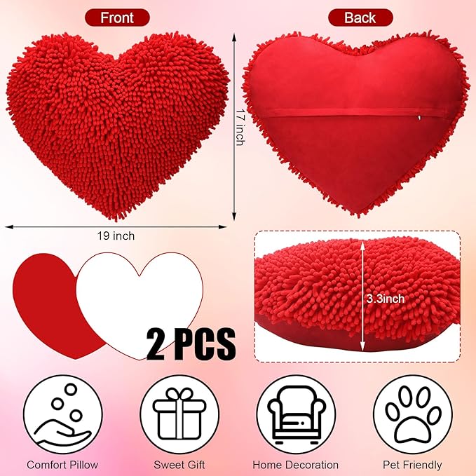Barydat 2 Set 17 Inch Red Heart Shaped Pillows Valentines Heart Throw Pillows Decorations for Valentine Gift Living Room Sofa Office Sofa Cars Chairs (Red,White)