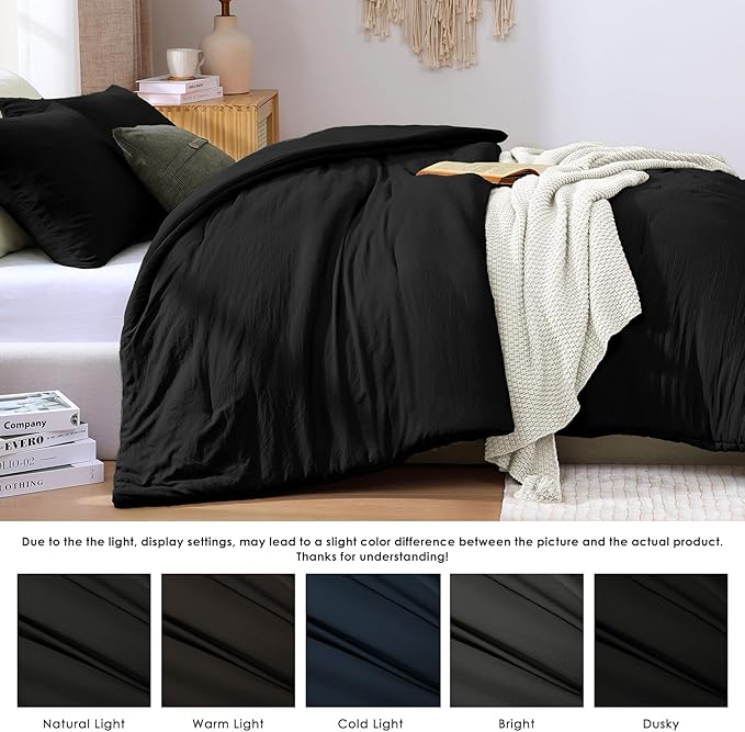 WRENSONGE King Size Comforter Set - 3 Pieces Prewashed Black Comforter Soft Lightweight for All Seasons,Fluffy Down Alternative Comforter King Size with 2 Pillow Shams