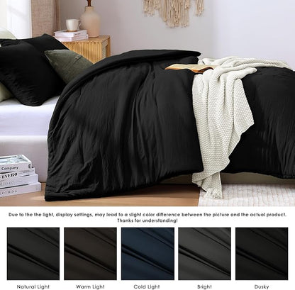 WRENSONGE King Size Comforter Set - 3 Pieces Prewashed Black Comforter Soft Lightweight for All Seasons,Fluffy Down Alternative Comforter King Size with 2 Pillow Shams