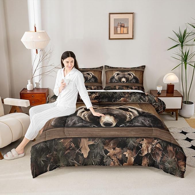 Erosebridal Grizzly Bear Comforter Set Rustic Hunting Bear Twin Bedding Sets Kids Boys Teen Men Farmhouse Cabin Comforter Wildlife Animal Black Brown Quilt Duvet 2 Pcs