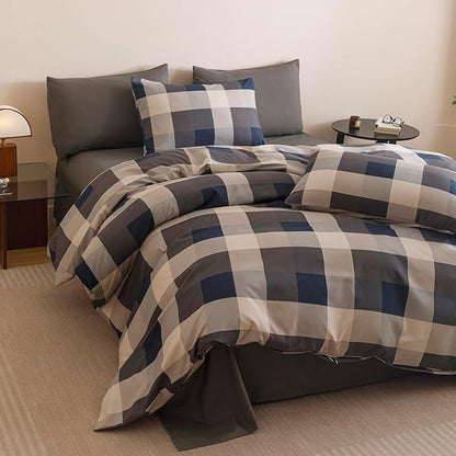 CLOTHKNOW Blue Grey Plaid Queen Comforter Set Gingham Buffalo Bedding Comforter Sets Geometric Comforter Queen Sets with 2 x Pillow Cases