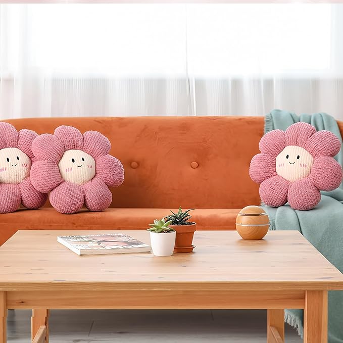 2 Pcs Smile Face Flower Pillows 15" Pink Flower Throw Pillows Decorative Daisy Floor Seating Cushion Aesthetic Cute Seat Cushion for Bed Sofa Couch Home Decor Bedroom Living Room Chair
