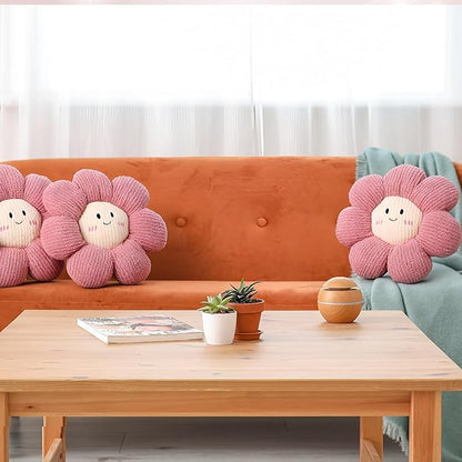 2 Pcs Smile Face Flower Pillows 15" Pink Flower Throw Pillows Decorative Daisy Floor Seating Cushion Aesthetic Cute Seat Cushion for Bed Sofa Couch Home Decor Bedroom Living Room Chair