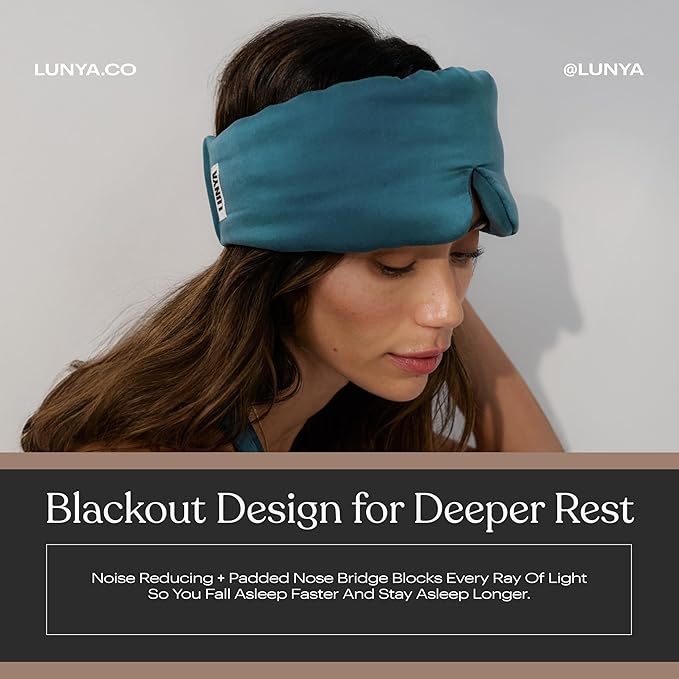 Lunya Washable Silk Sleeping Mask - Thermoregulating Mulberry Silk, Light Blocking and Comfortable Fit – Sleep Mask for Women and Men with Box - Piquant Teal - Large