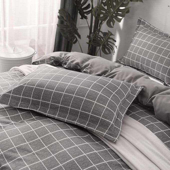 Faincy Queen Comforter Set, Grey Grid Gray Plaid Geometric Pattern Reversible Comforter - Size 90 x 90 3PCS Soft Microfiber Duvet Sets Modern Cottage Preppy Decor Bedding in a Bag for Women Men Teen