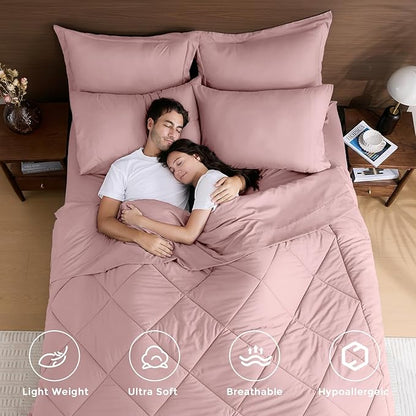 HEVUMYI Dusty Pink Queen Comforter Set - 7-Piece All Season Bed in a Bag Queen, Ultra Soft Bedding Set with Comforter, Flat Sheet, Fitted Sheet, Pillowcases, Pillow Shams