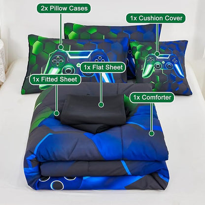 URBONUR Full Size Gamer Comforter Sets for Teen Boy 6 Pieces Green Blue 3D Game Bedding Sets with Sheets Lightweight & All Season