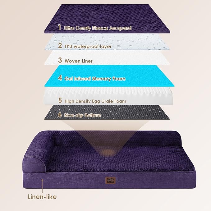 EHEYCIGA Extra Large Dog Bed Othorpedic, Memory Foam XL Dog Bed with Washable Removable Cover, Waterproof Pet Sofa Couch XLarge Size Dogs with Nonskid Bottom, 44x32x6.5, Purple