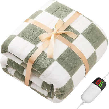 Sage Green Heated Blanket Electric Twin Size, 62X84 Heating Blanket with 10 Heat Levels & 8 Hours Auto Off, Checkered Plaid Soft Fleece Sherpa Blankets Warmer Gifts for Couch Grandma Women Adults