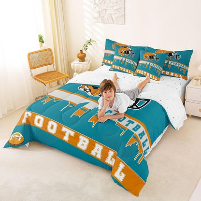 Erosebridal Football 7 Pcs Comforter Set Twin Football City Bedding for Boys Girls Teal Football Fans Sheet Set Bed in A Bag Rugby Game Bedroom Decor Sports Ball Competition Bed Set