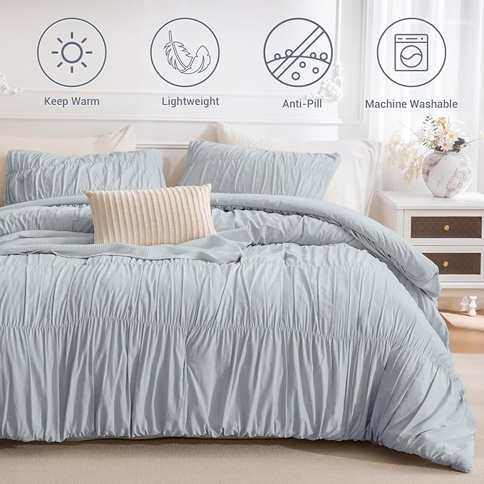 Lady Ann Oversized King Comforter Set Light Blue Ruched Bedding Comforter Sets128x120 for Bedroom, Ultra Soft Ruffle Fluffy Shabby and Chic Bed Sets for All Season, 3PCS