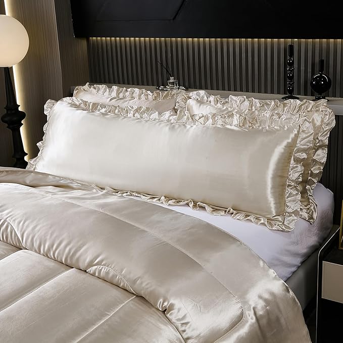 Satin King Comforter Set Silk Like Satin Bedding Set Hotel Soft Polyester Beige Bed Set Luxury Silky Pillow Cover with Quilt Set Ruffle Down Comforter Home Decor