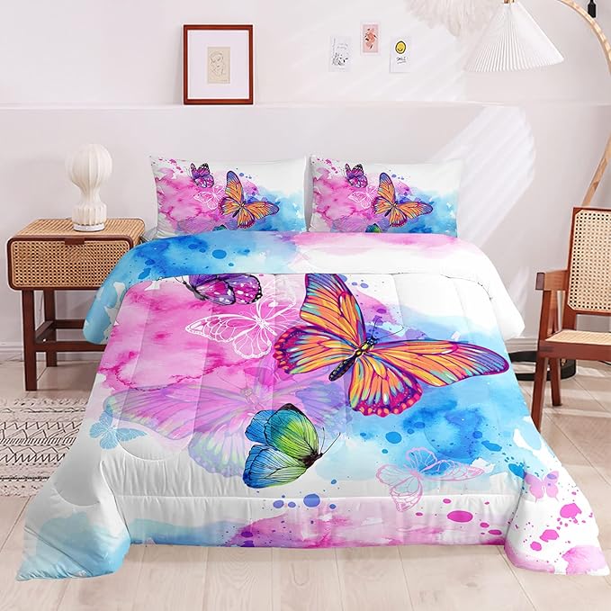 HOSIMA Butterfly Comforter Set,Pink Butterfly Comforter Full Size for Girls Kids Women Bedroom Decor,Color Ink and Colorful Butterfly Pattern Bedding Set Full Size,Butterfly Bed Set for Girls.