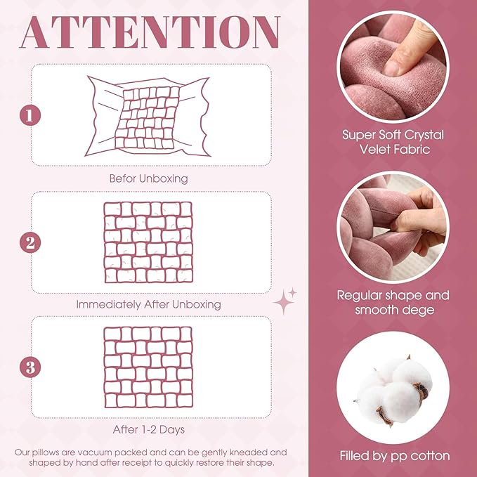 Wenqik 2 Pcs Knot Pillows Square Knotted Plush Throws Soft Accent Pillows Decoration Cushion for Couch Home Office Living Room Bedroom Bed Sofa Decor, 12'' x 13''(Pink Violet,Crystal Velvet)