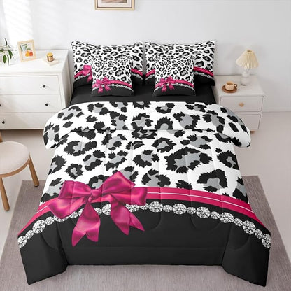 Feelyou Grey Leopard 7 Piece Bedding Set Full Size Plum Red Bowknot Comforter Set with Sheets for Kids Girls Women Diamond Bed in a Bag Animal Print Bed Set