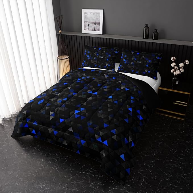 Geometric Blue Black Comforter Set,Triangle Honeycomb 3 PCS Bedding Set Full Size for Teen Adult,Modern Quilt Set Geometry Decor,Microfiber Lightweight 1 Comforter 2 Pillowcases