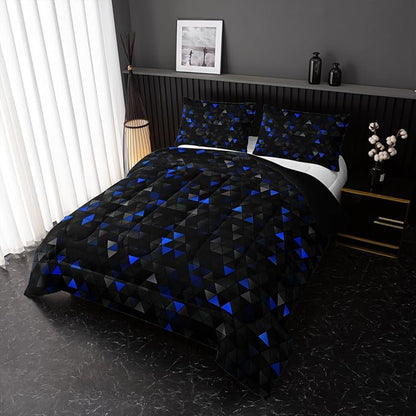 Geometric Blue Black Comforter Set,Triangle Honeycomb 3 PCS Bedding Set Full Size for Teen Adult,Modern Quilt Set Geometry Decor,Microfiber Lightweight 1 Comforter 2 Pillowcases