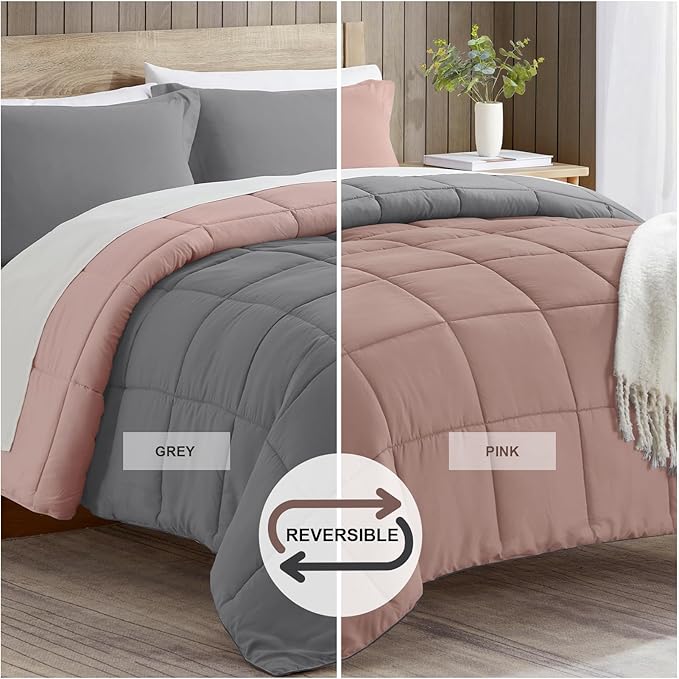 satisomnia King Size Comforter Set, Pink Bedding Comforters King Size, 3 Pieces Down Alternative Bed Comforter Lightweight, Soft Quilted Bed Set Breathable, Reversible All Season Bedding Sets