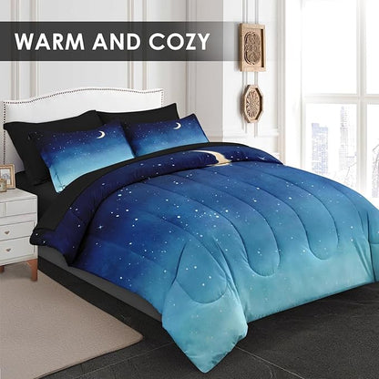 Comforter Set Queen Size, Landscape Night Moon 7 Pcs Bedding for Kids and Adults, Blue Starry Sky Bed Sheet Sets with Fitted Sheet 2 Pillowcases & 2 Shams for Bedroom Bed Decor