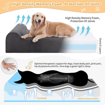 Orthopedic Dog Beds for Large Dogs, 7" Memory Foam Dog Beds with Waterproof Liner, Durable Microsuede Cover, Removable and Washable, Nonskid Bottom, 48"x30"x7" L Grey
