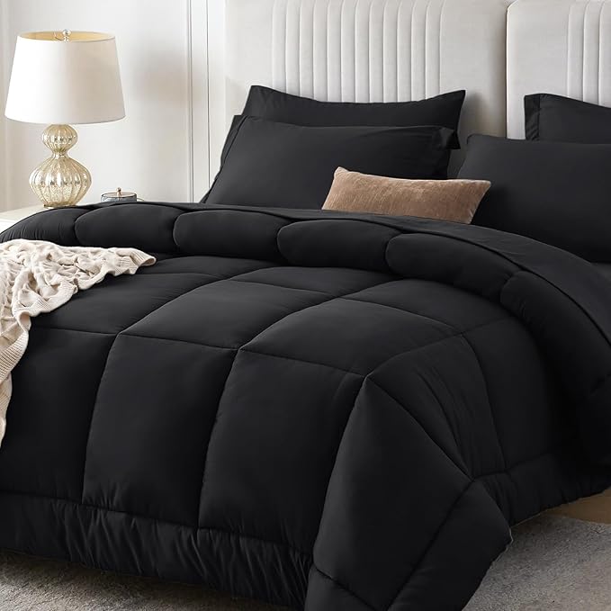 Sasttie Twin XL Comforter Set Black, 5 Pieces Twin XL Bed in a Bag, Complete Bedding Set Includes Comforter, Flat Sheet, Fitted Sheet, Pillowcase and Pillow Sham, Black