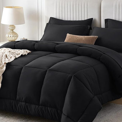 Sasttie Twin XL Comforter Set Black, 5 Pieces Twin XL Bed in a Bag, Complete Bedding Set Includes Comforter, Flat Sheet, Fitted Sheet, Pillowcase and Pillow Sham, Black