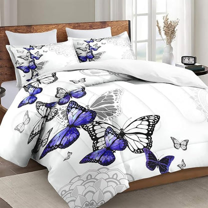 Full Size Comforter Set with 2 Pillowcases, Summer Spring Purple Butterfly 3 Pcs Bedding for Kids and Adults, Abstract Circular Mandala Floral Soft Comforter Set for Bedroom Bed Decor