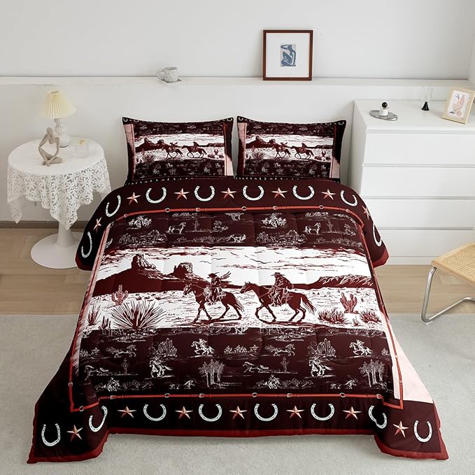 Feelyou Western Aztec Comforter Set King Size Horse Cowboy Bedding Set for Boys Men Kids Teens Rustic Western Decor Country Wild West Down Comforter Red Duvet Set with 2 Pillowcase