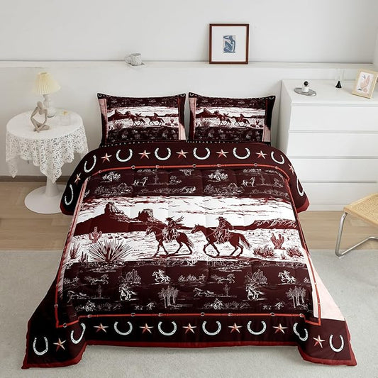 Feelyou Western Aztec Comforter Set King Size Horse Cowboy Bedding Set for Boys Men Kids Teens Rustic Western Decor Country Wild West Down Comforter Red Duvet Set with 2 Pillowcase