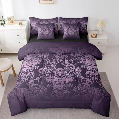 Erosebridal Gothic Damask 7 Piece Comforter Set Full Bed in a Bag,Exotic Moth Bedding Sets Purple Victorian Floral Goth Sheet Set with Comforter