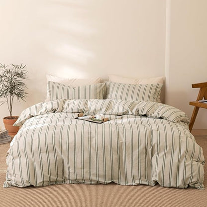 VM VOUGEMARKET Greyish-Green Striped Comforter Set Queen Modern Comforter with 2 Pillowcases Soft Lightweight Washed Cotton Bedding Set Bed in a Bag Queen Comforter Set for Teens Adults