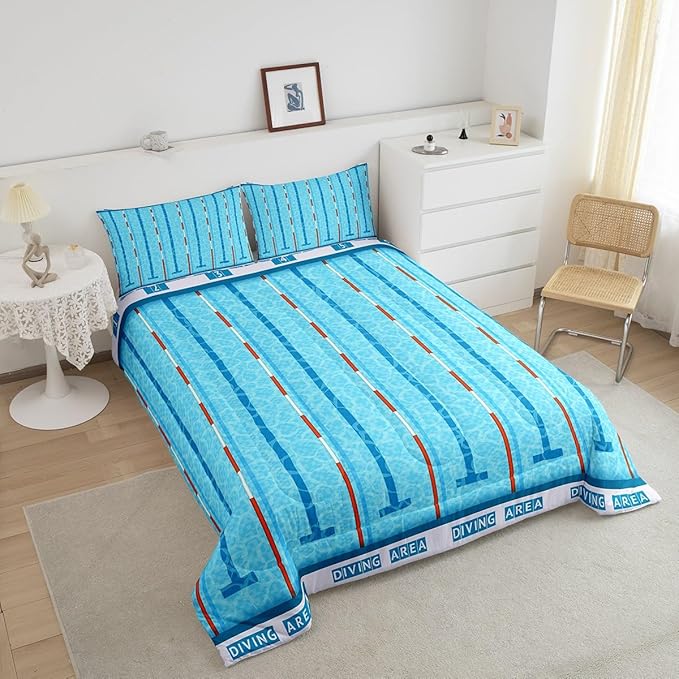 Manfei Swimming Kids Comforter Set King Size,Swim Sports Games Modern Fashion Bedding Set,Boys Girls Adults Room Decor,Swimming Pool Chic Down Comforter,Blue Unique Duvet Insert,2 Pillowcases