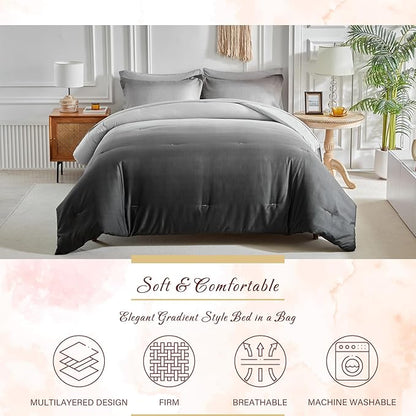 Black and Grey Gradient Comforter Set Queen Size 7 Pieces Elegant Ombre Bed in a Bag - Reversible All Season Bedding Set with Comforter, Flat Sheet, Fitted Sheet, 2 Pillowcases & 2 Pillow Shams