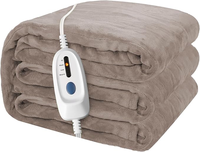 Electric Heated Blanket 62"x84" Twin Size Flannel Heated Blanket, Cozy & Warm for All Night, 4 Heat Settings & 10 Hours Auto Off, Machine Washable, Linen