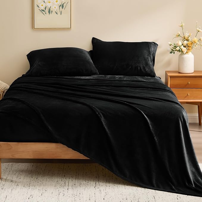 BEDELITE Flannel Sheets Queen Size Black - Super Soft Fleece Sheets Set Fluffy Extra Plush, 4 Piece(Include Fitted Sheet, Flat Sheet, 2 Pillowcases)