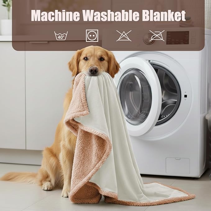 Makigued Waterproof Dog Blanket for Couch & Bed, Reversible Sherpa Fleece Pet Throw with Quiet TPU Barrier, Machine Washable Furniture Protector for Large Dogs & Cats, Throw Size 50x60 Inch, Cream