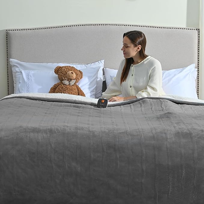 Heated Electric Blanket - Soft Flannel Electric Throw Heating Blanket with 6 Heat Settings Full Size 77" × 84" Gray - Velvet & Sherpa