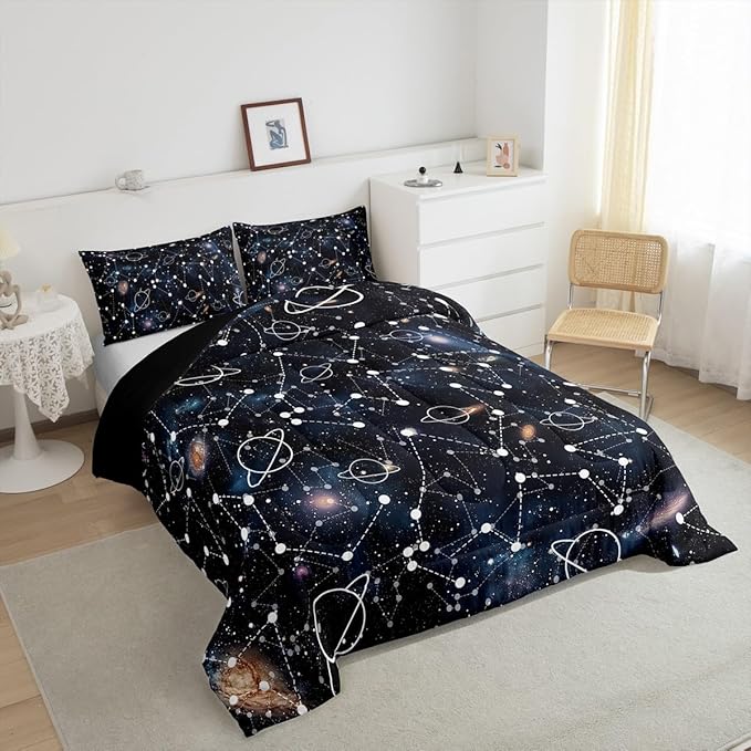 Erosebridal Starry Sky Comforter Set King Size Constellation Bedding Set Galaxy Sun Moon Down Comforter Purple Universe Print Bedroom Decor Quilt Set for Kid Men Women
